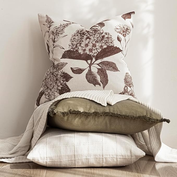 Foindtower Set of 2 Linen Floral Throw Pillow Covers Neutral Vintage Print Decorative Cushion Covers Farmhouse Boho Home Decor for Sofa Chair Couch Bedroom Living Room Outdoor,18×18 Inch,Dark Brown