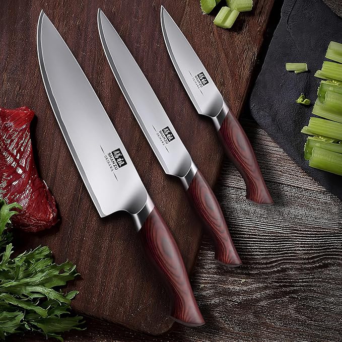 SHAN ZU Japanese Knife Set 3 PCs, High Carbon 10Cr15Mov Stainless Steel Chef Knife Set, Ultra-Sharp Professional Kitchen Knives Set with Ergonomic Pakkawood Handle and Elegant Gift Box