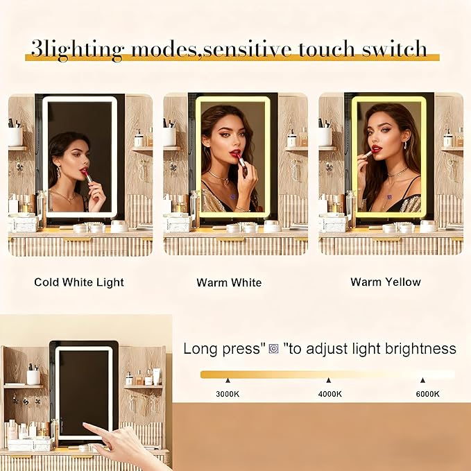 Casaphoria Vanity Desk with LED Mirror Lights, 4 Drawers & Jewelry Storage, Yellow Brown Makeup Dressing Table with Metal Legs and PU Stool for Bedroom Girls Women