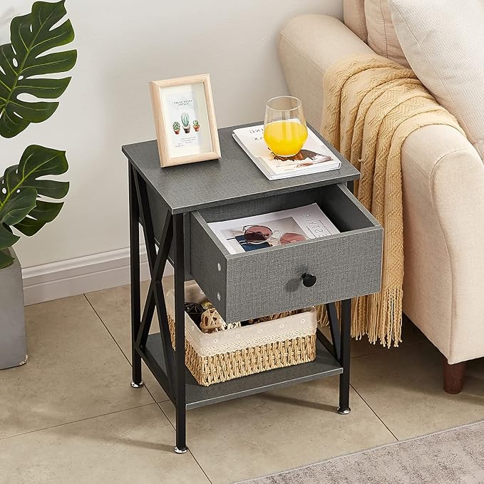VECELO Nightstand,Modern Bedside End Table, Night Stand with Drawer and Storage Shelf for Living Room Bedroom, Industrial Metal Frame