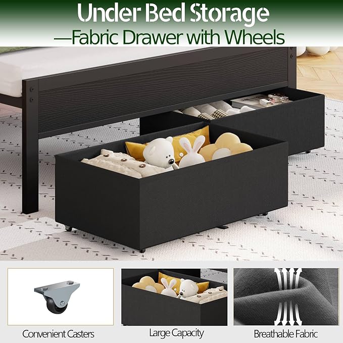 Furnulem Twin Bed Frames with Charging Station and LED Lights, Grey Upholstered Headboard with Shelves, Metal Platform Bed with 2 Under-Bed Storage (Fabric Drawer on Wheels), No Box Spring Needed