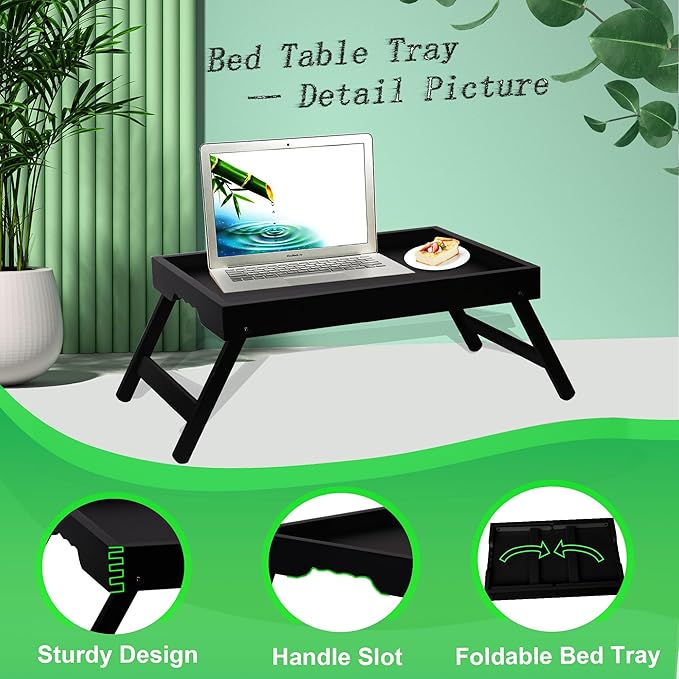 Bamboo Bed Tray Table with Foldable Legs, Breakfast in Bed Tray for Kitchen Serving Tray, Eating, Working, Drawing Tray (2 Pack, Black)