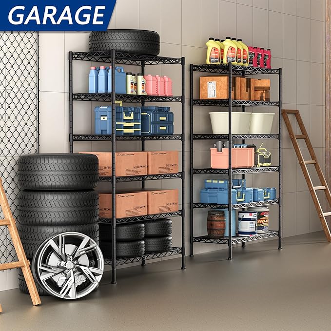 6-Shelf Adjustable Heavy Duty Storage Shelving Unit, Metal Organizer Wire Rack for Laundry Bathroom Kitchen Pantry Closet No Wheels, Black