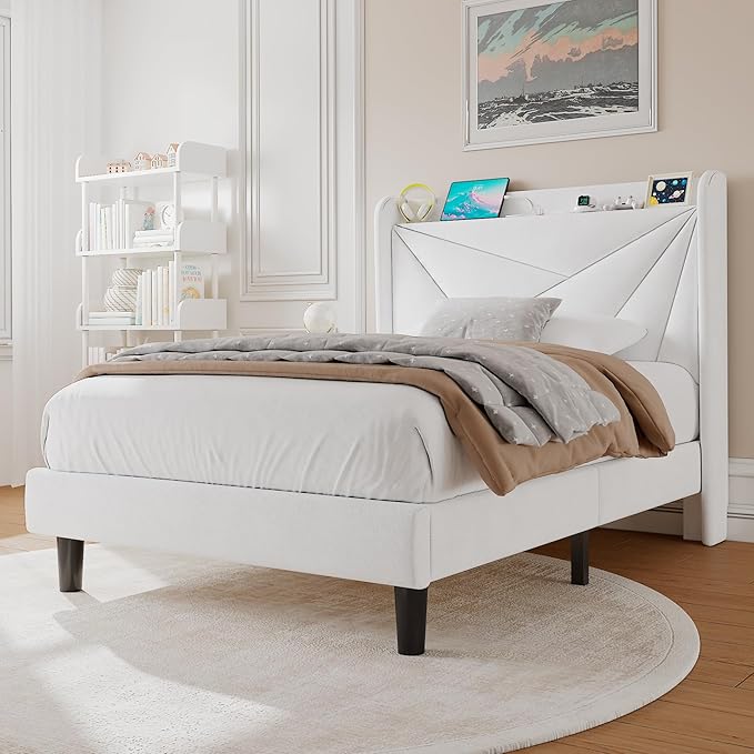Twin Size Upholstered Bed Frame with Charging Station, Platform Bed Frame with Storage Headboard, Solid Wood Slats Support, No Box Spring Needed, White