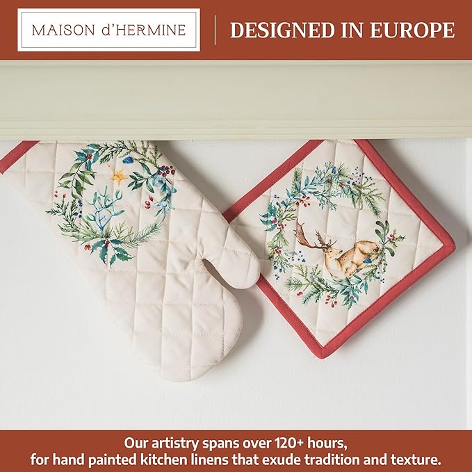 Maison d' Hermine 100% Cotton Oven Mitt & Pot Holder Set (7.5"x13" & 8"x8") Heat Resistant BBQ Cooking Gloves with Loop for Thanksgiving Christmas Decorations Handling Hot Pans (Holly Time)