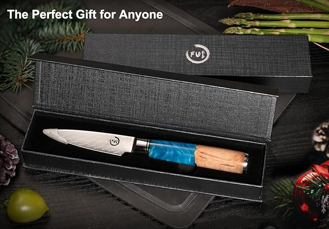 Paring Knife 3.5 Inch Damascus Paring Knife Small Fruit Knife Ultra Sharp Damascus VG10 Core Steel with 66 Layers High Carbon Steel Classical Pattern Blue Handle Unique Gifts with Gift Box