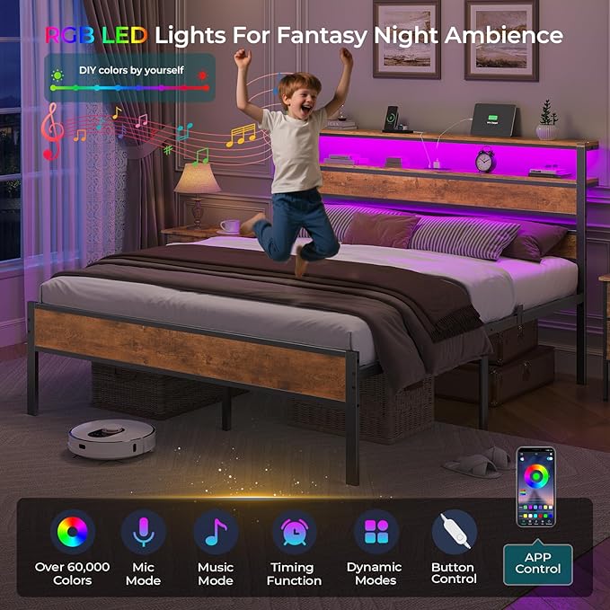 Hasuit Queen Bed Frame with Headboard LED Lights, Queen Size Bed with Charging Station 2-Tier Storage Shelves, Metal Platform Bed with Heavy Duty Slat, Fast Assembly, No Box Spring Needed, Noise Free