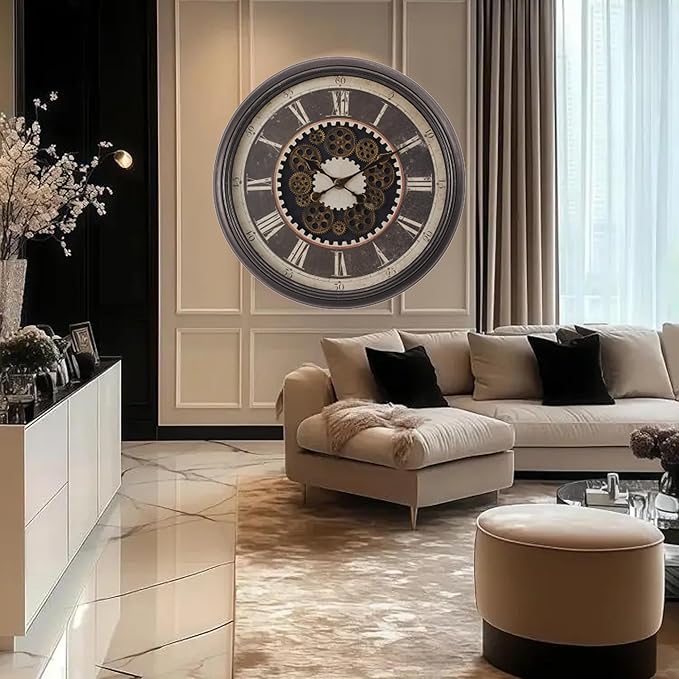 23 Inch Dark Brown Steampunk Wall Clock with Decorative Gears, Industrial Vintage Analog Clock for Living Room, Farmhouse, Office Decor, Silent Non-Ticking Battery Operated
