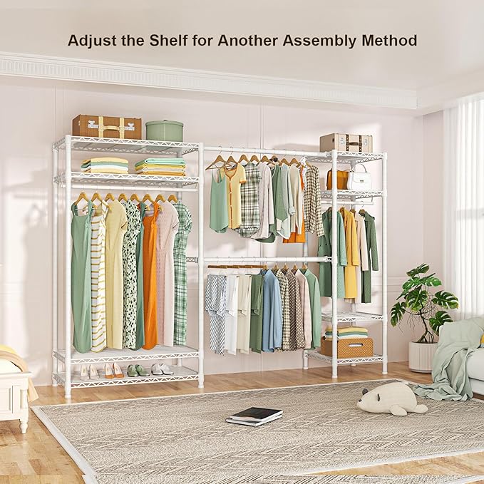 Ulif E11 Heavy-Duty Garment Rack, Metal Freestanding Clothes Rack and Closet Storage Organizer with 8 Shelves and 4 Hanger Rods, (73.2 - 97.6)"W x 14.5"D x 71.2"H, Load 1034 LBS, White