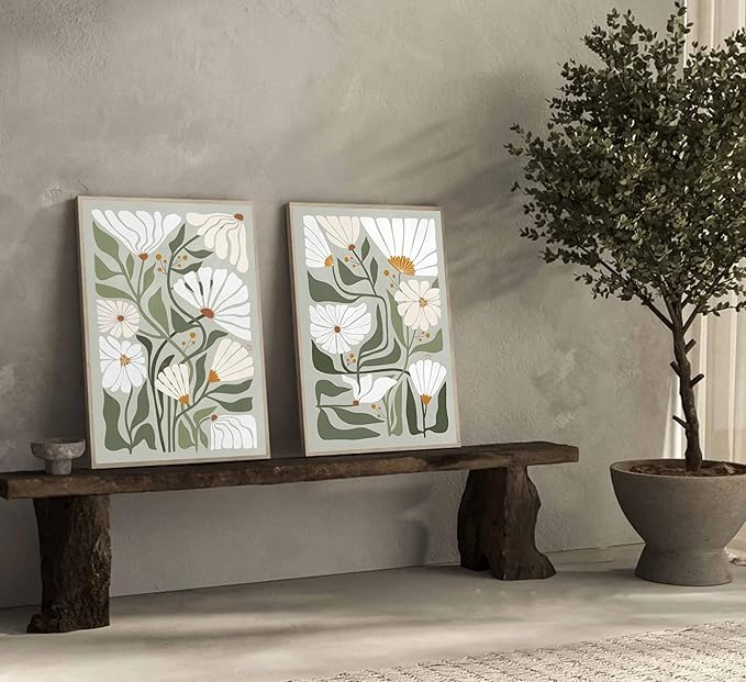 2 Pcs Boho Wildflowers Canvas Wall Art Green Bohemia Abstract Floral Botanical Painting Picture Wall Decor Poster Print Artwork for Living Room Bedroom Bathroom Home Decoration Unframed
