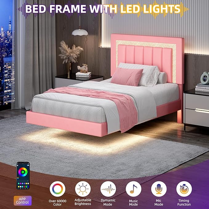 HOMBCK Floating Twin Bed Frame with Smart LED Lights, Faux Leather Upholstered Platform Bed with Diamond Headboard, No Box Spring Needed, Noise-Free, Easy Assembly, Pink