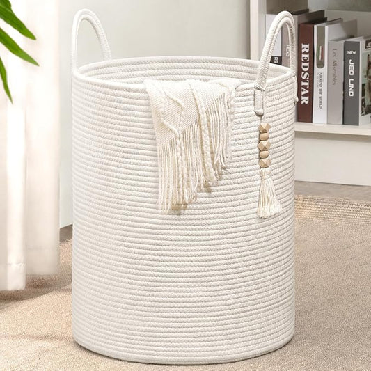 Goodpick White Laundry Basket with Handles, Tall Woven Laundry Hamper for Clothes, Towels, Pillows, Toys, Decorative Blanket Basket for Living Room, Bedroom, Playroom, 16 x 20 inches