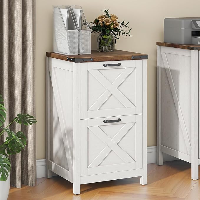 Vertical File Cabinet with 2 Drawers, Wooden Farmhouse Filing Cabinet for Letter/A4 Size Hanging Files, Under Desk Printer Stand with Storage for Home Office, Rustic White