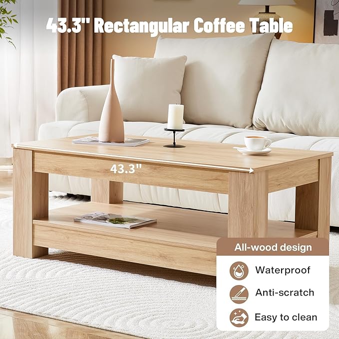 43.3" Coffee Table with Storage, 2-Tier Mid Century Rectangular Accent Table with Thick Tabletop, Rustic Style Cocktail, Center Table for Living Room, Office, Apartment (Natural Wood)