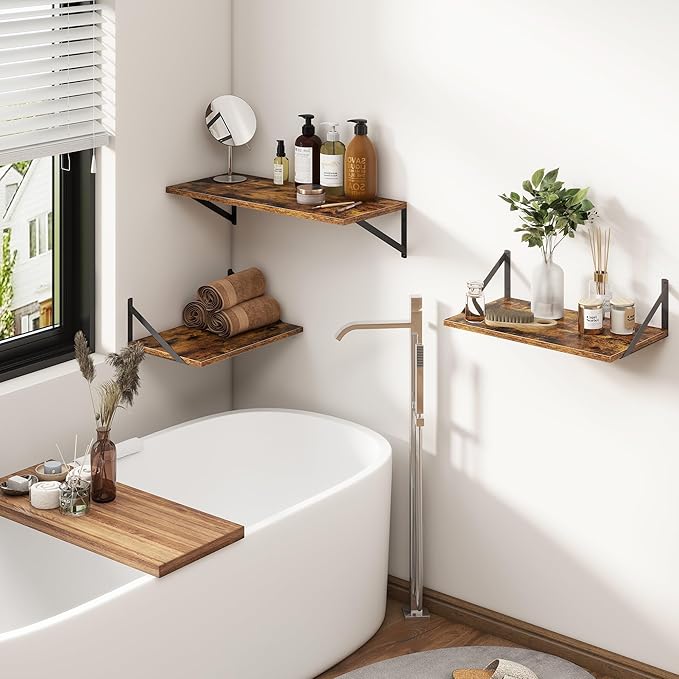 Fun Memories 40 Inch Floating Shelves, 12 Inch Deep Wall Shelf, 40 x 12 Floating Shelf Set of 2, Wood Floating Shelf Wall Mounted, Large Kitchen Living Room Bedroom Storage Shelves, Rustic Brown