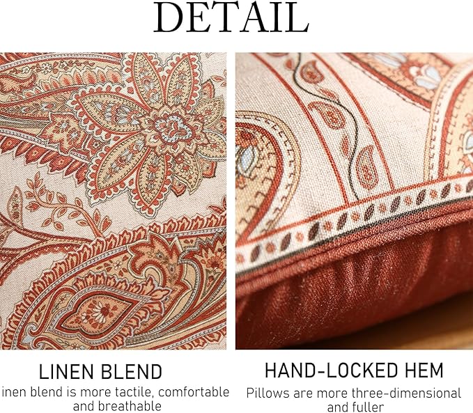 Design Linen Classic Vintage Throw Pillow Covers 12"x20" Pack of 2, Lumbar Cushion Covers with Orange Yellow Paisley Style Pattern Decoration Pillowcases for Bed,Living Room,Outdoor,Car