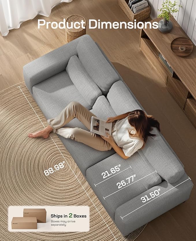 Marsail 3-Seater Modern Sofa, 89" Couch with Wide Armrests & Deep Cushions, Linen Sofas with Removable Washable Covers for Living Room, Grey