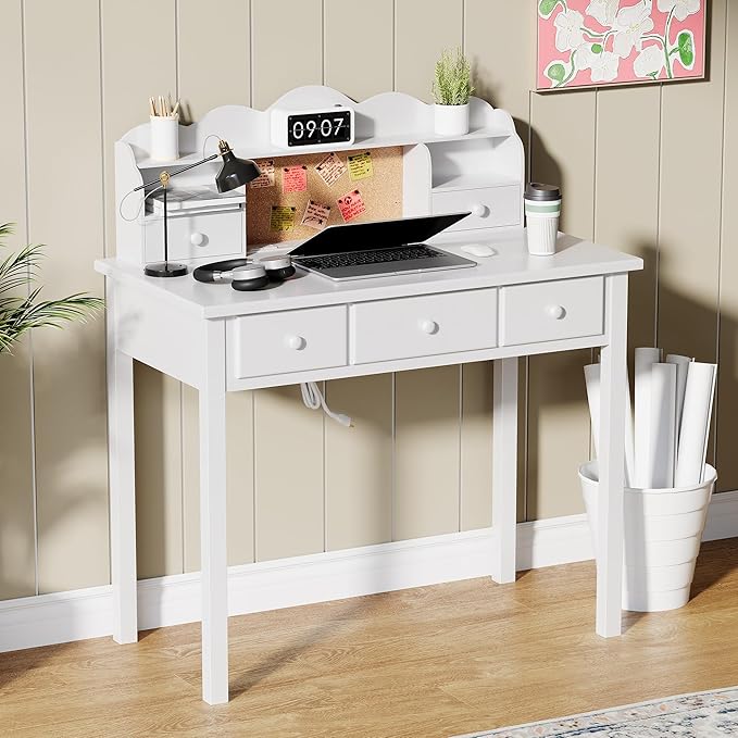 Home Office Furniture Writing Desk, 36 Inch Computer Work Station with Detachable Hutch for Small Place, 5 Drawers(White)