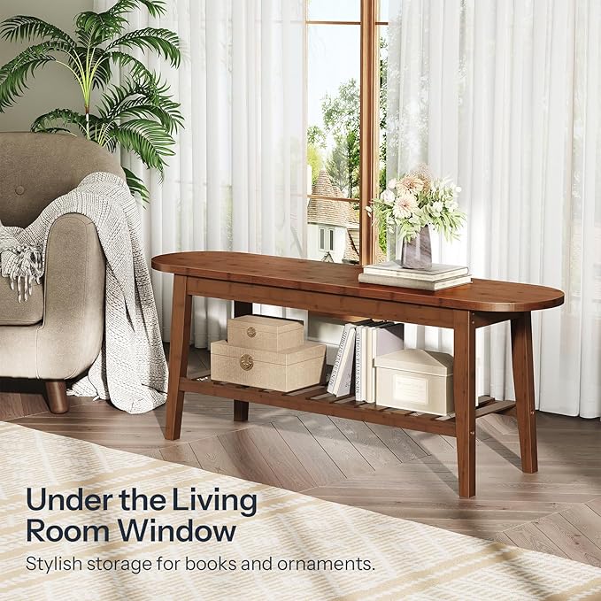 HOOBRO Dining Bench, 2-Tier Bamboo Farmhouse Entryway Bench, Indoor Storage Wooden Bench for Living Room, Dining Room, Hallway, Bedroom, Entryway, Bathroom, Brown BR06CD01