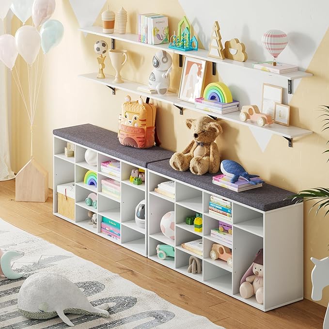 DINZI LVJ Shoe Storage Bench with Cushion, 14-Cubby Shoe Rack, Adjustable Shelves, Multifunctional Shoe Organizer Bench for Entryway, Mudroom, Hallway, Living Room, Bedroom and Garage, White