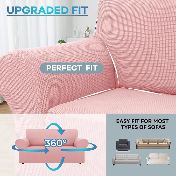 LURKA Stretch Loveseat Sofa Slipcovers 1 Piece Couch Covers for Sofa Furniture Protector Full Sofa Covers with Elastic Bottom for Kids and Dog (Medium, Pink)