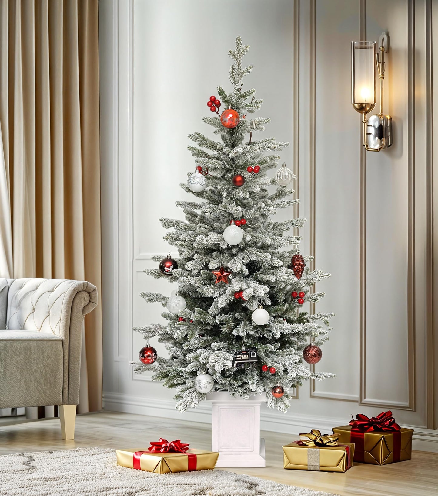 DWVO 4.5 FT Potted Slim Pre-lit Flocked Arctic Fir Pencil Tree, Potted Christmas Tree with 11 Red Hollies, 358 PE & PVC Branch Tips, and 100 Lights for Home and Office Decor