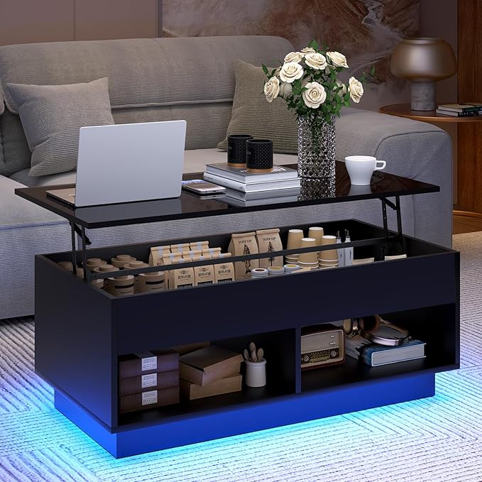 LED Coffee Table Black Lift Top Coffee Table with Storage Modern Tea Table with Hidden Compartment Lift Up Dining Center Table with LED Light for Living Room Home Office