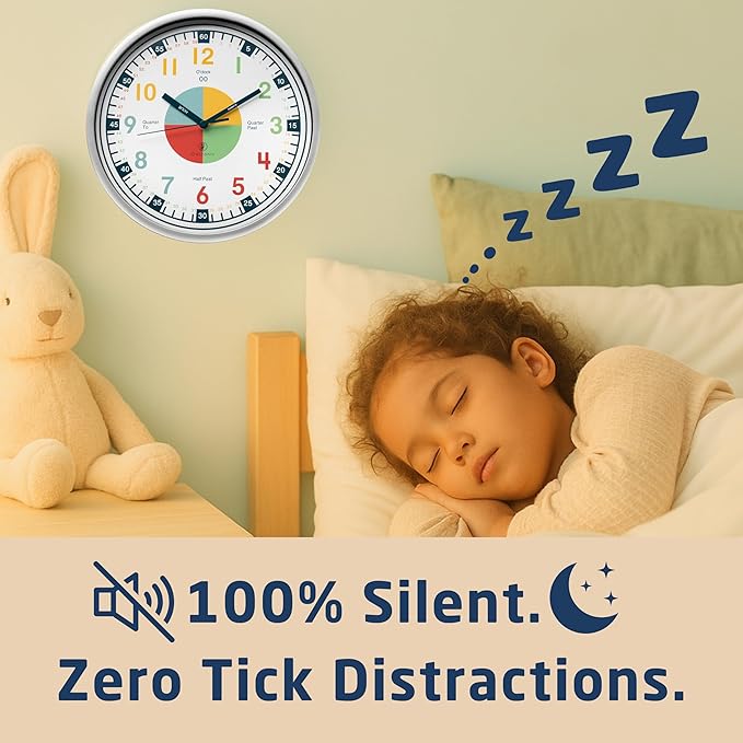 OWLCONIC Non Ticking Analog Clock for Kids Learning to Tell Time, Teaching Clock for Kids Wall, Clocks for Classroom, Homeschool Decor, Bedrooms, Silent, Homeschooling Resource.