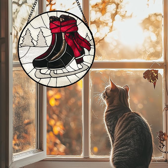 Stained Glass Window Hanging 4 Pcs Set Winter Skiing Red Christmas House Large 11.8" - Suncatcher Door Garden Sun Catcher Decor Birthday Mother's Day for Mom Woman Nana Friend