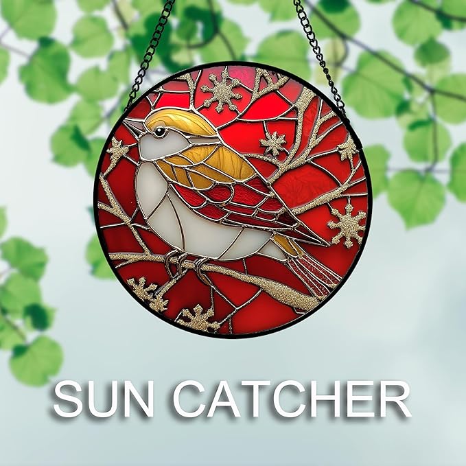 Stained Glass Window Hanging 4 Pcs Set Red Christmas Themed Decorations Large 15" - Suncatcher Door Garden Sun Catcher Decor Birthday New Year for Mom Woman Nana Men