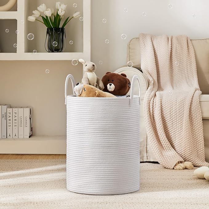 Woven Rope Laundry Hamper Basket by YOUDENOVA, 58L Tall Laundry Basket, Baby Nursery Hamper for Blanket Storage, Clothes Hamper for Laundry in Bedroom-Large-Pure White