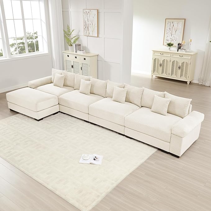 KEIKI 168" L-Shaped Oversized Corduroy Modular Cloud Sectional Sofa with 1 Ottoman, High-Density Foam Cushion, Extra-Thick Armrest, 4-Seater Fluffy Corner Couch with 12 Pillow, for Living Room, Beige