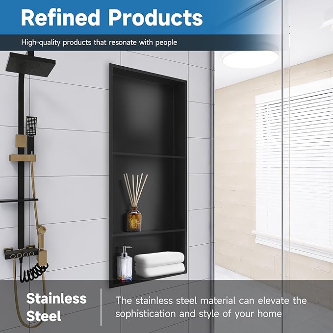 30" X 12" Stainless Steel Shower Niche Insert Tile Ready, Niche for Shower Wall, 3-Tier Recessed Shelves No Tile Needed for Bathroom Storage, Matte Black