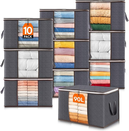 Lifewit 90L Large Storage Bags, 10 Pack Closet Organizers and Storage, Clothes Storage Bins with Lids, Foldable Storage Containers with Reinforced Handles for Clothing Blanket Bedding Comforter Gray