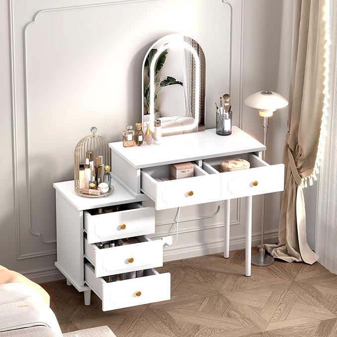 Garvee Makeup Vanity Desk with Mirror and Lights, Modern White Vanity Table with 2 Drawers & Adjustable 3-Drawer Cabinet, Wood Dressing Table for Bedroom