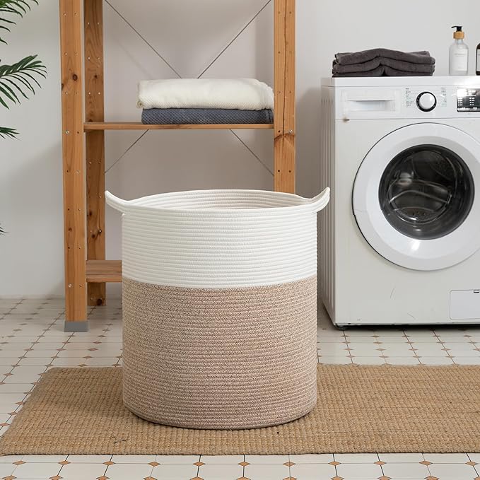 Laundry Basket, 100L Large Laundry Hamper, Tall Woven Rope Storage Basket for Blanket Toys Pillows Towels, Baby Nursery Hamper Bin for Living Room, Bedroom (Brown & White)