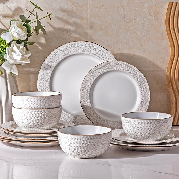 GBHOME Ceramic Dinnerware Sets,12 pcs Embossed Elegant Stoneware Plates and Bowls Sets, Housewarming Wedding Gift | Dishwasher & Microwave Safe | Dishes Set Service for 4