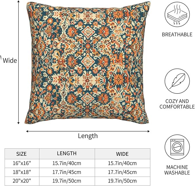Navy Blue Orange Vintage Floral Pillow Covers 18x18 Inch Set of 2, Bohemian Style Carpet Pattern Decorative Throw Pillows Fall Cushion Covers for Sofa Bed Couch Living Room Outdoor Decor