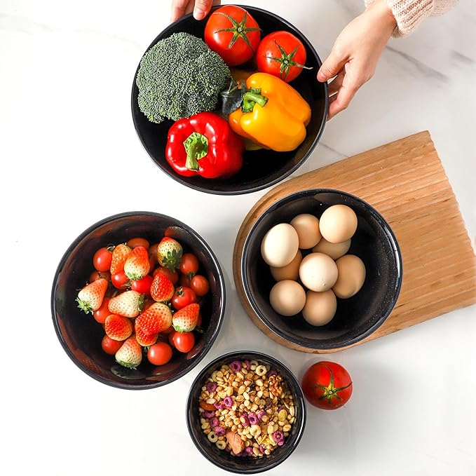 Hasense Large Ceramic Mixing Bowls, 2.1/1.5/1.0/0.5 Qt Serving Bowls for Kitchen, Nesting Salad Bowls Set for Mixing, Cooking, Baking, Fruit, Side Dishes, Holiday Serving Dishes, Set of 4, Black