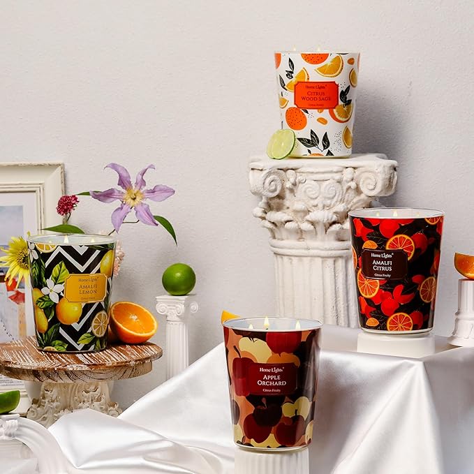 HomeLights Citrus Wood Sage Scented Candles | 34oz Soy Candles Eclectic Mixed Styles 3-Wick Large Candle Jars | Ideal Candle Gifts for Events, Home Decor Stress, Relief & Relaxation
