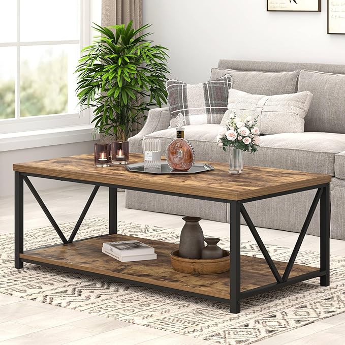 EXCEFUR Modern Coffee Table, Rustic Wood and Metal Living Room Table with Storage Shelf, Industrial Rectangle Center Table, 47 Inch Brown