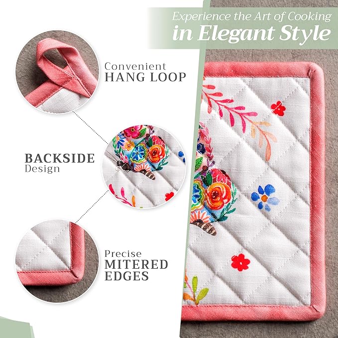 Maison d' Hermine Pot Holders 100% Cotton Heat Resistant Potholders 8" x 8" Hot Pads with Loop BBQ, Cooking, Grilling, Kitchen, Handling Hot Pans Spring/Summer (Pack of 1, Happy Florals - High Summer)