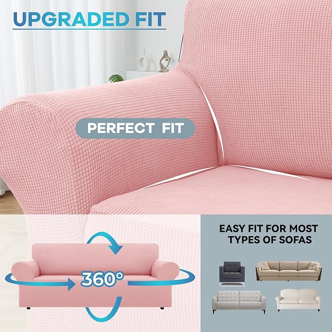 LURKA Stretch Sofa Slipcovers 1 Piece Couch Covers for 3 Cushion Couch Sofa Furniture Protector Full Sofa Covers with Elastic Bottom for Kids and Dog (Large, Pink)