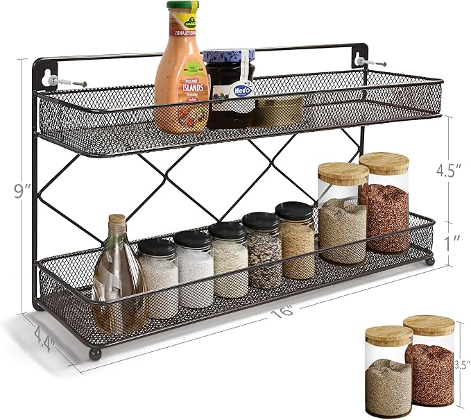 2 Tier Metal Kitchen Counter-top or Wall Mount Spice Rack, Jars Storage Organizer, Cabinet Holder, spice seasoning organizer for Partry (Bronze)