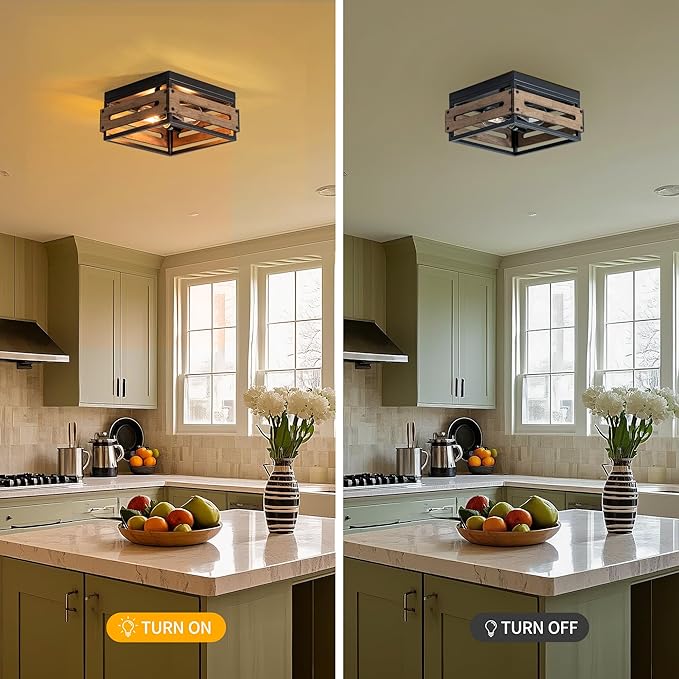 MAYNA Farmhouse Ceiling Light, 2-Light Rustic Flush Mount Ceiling Light with Metal and Wood, Farmhouse Hallway Light Fixtures for Kitchen Entryway Bedroom Dining Room