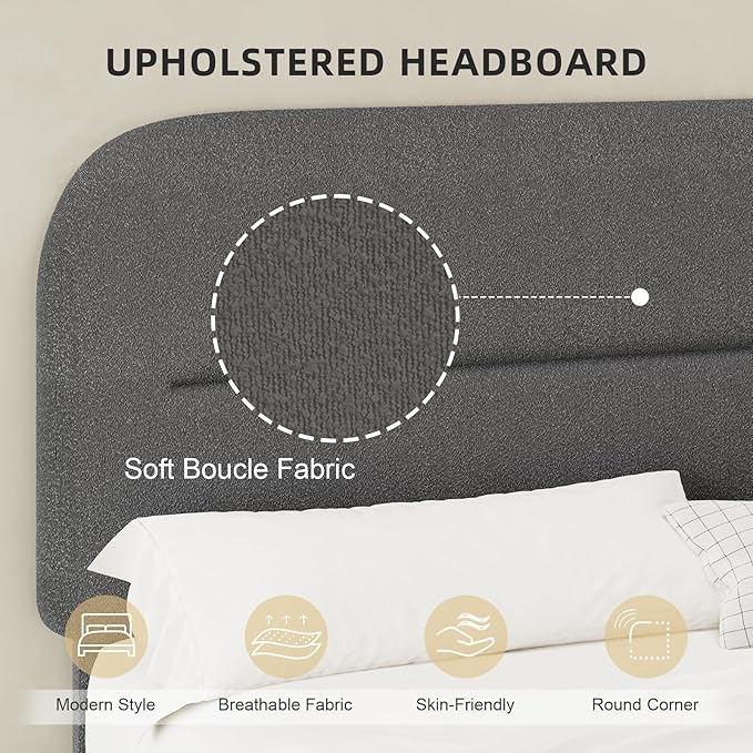 HOMBCK Queen Bed Frame with Headboard, Boucle Upholstered Soft Platform Bed Frame Queen Size with Thickened Footboard, Rounded Corners Design, No Box Spring Required, Easy Assembly, Grey