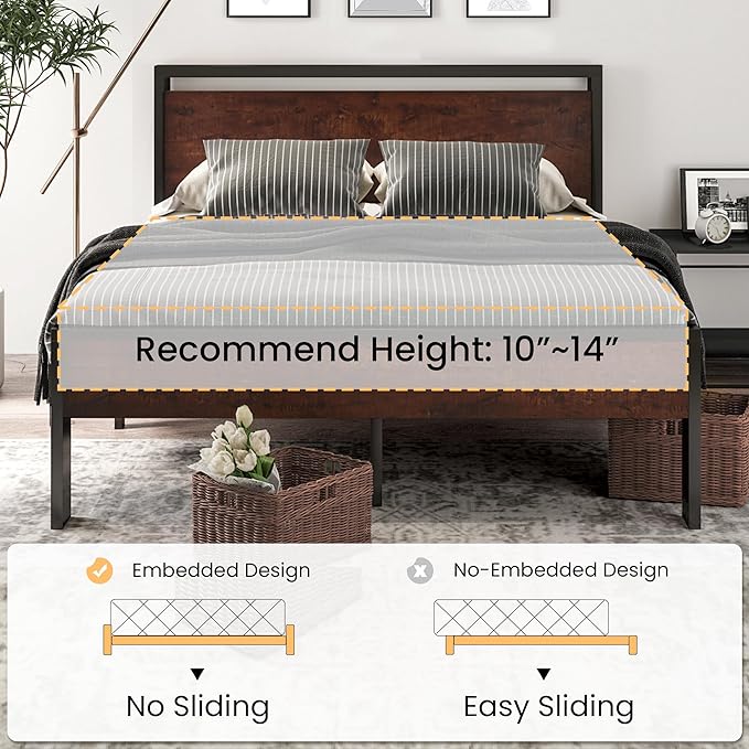 SHA CERLIN 14 Inch Full Size Metal Platform Bed Frame with Wooden Headboard and Footboard, Mattress Foundation, No Box Spring Needed, Large Under Bed Storage, Non-Slip Without Noise, Mahogany