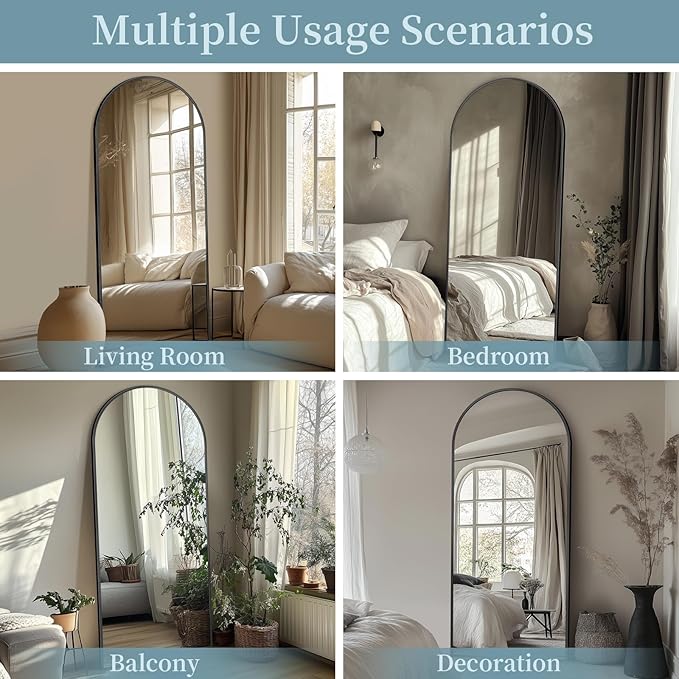 Full Length Mirror with Stand, 68"x26" Arched Full Body Mirror, Large Stand Up Mirrors, Aluminum Frame Floor Standing Mirrors, Freestanding Hanging Leaning Mounted for Bedroom Living Room Black