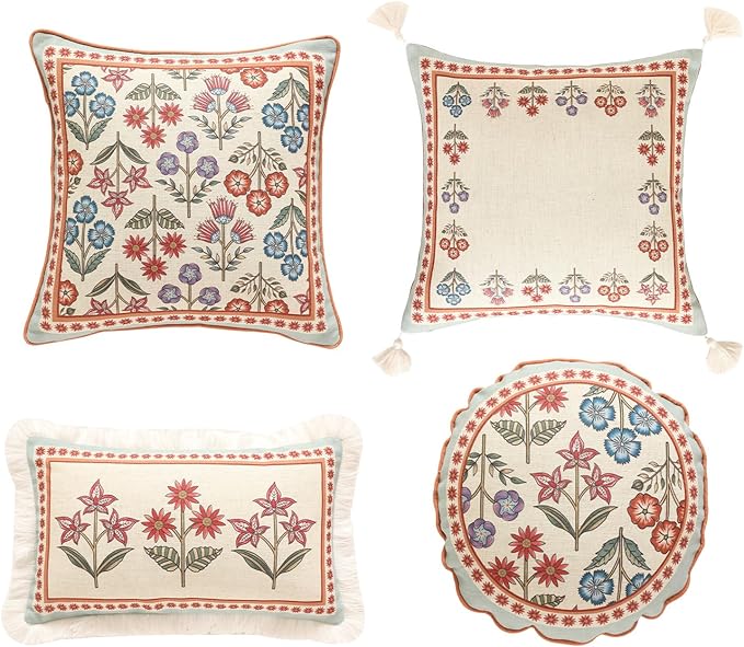Throw Pillow Covers Set of 4,Cottage Rustic Farmhouse with Wild Flowers Pattern Linen Pillowcases,Decor Lumbar Square Round Pillows Cushion Cover for Couch Sofa Bed Chair Car