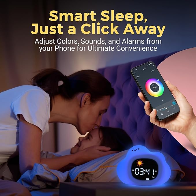 Bumble & Bright Go & Glow Cloud App Control Kids Alarm Clock – Digital Sleep Trainer with USB-C Corded, 8 Night Light Colors, 6 Soothing Sounds, 12/24H Routine Trainer, Gift for Boys & Girls